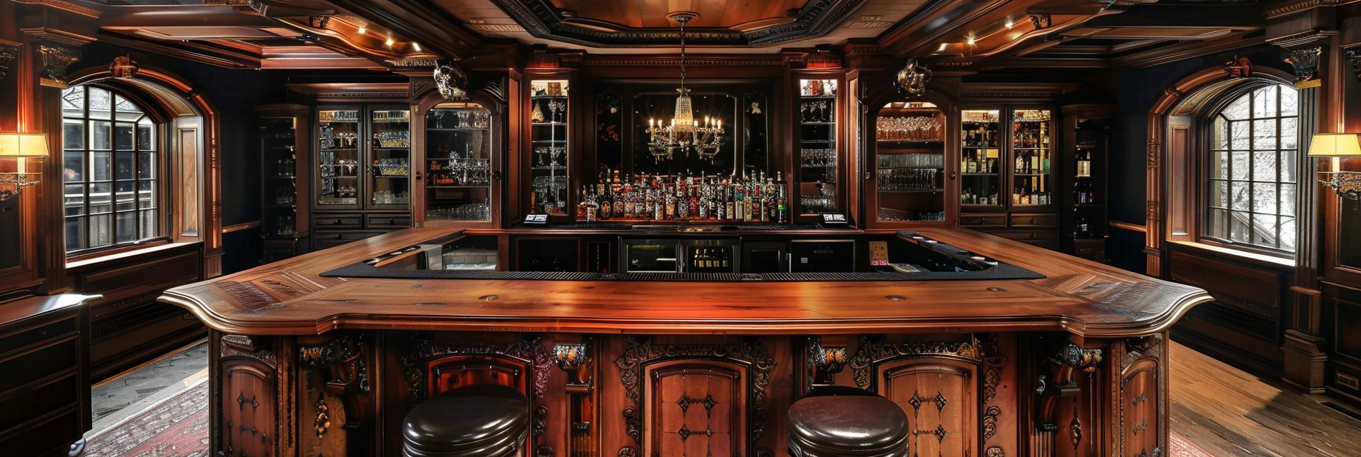 A masterpiece custom CNY bar of cabinetry, mirrors, and shelving
