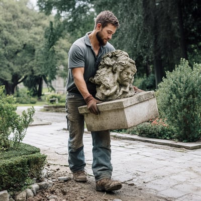 CNY landscaper carrying an ornamental statue