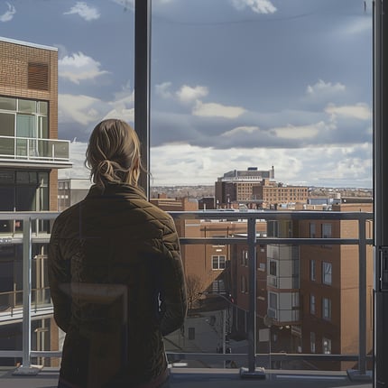 CNY renter on an apartment balcony overlooking Syracuse