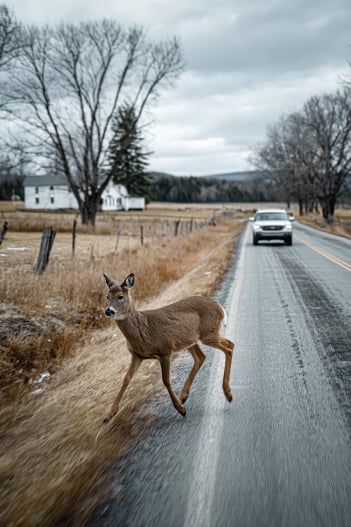 Deer crossing rural road in Central New York