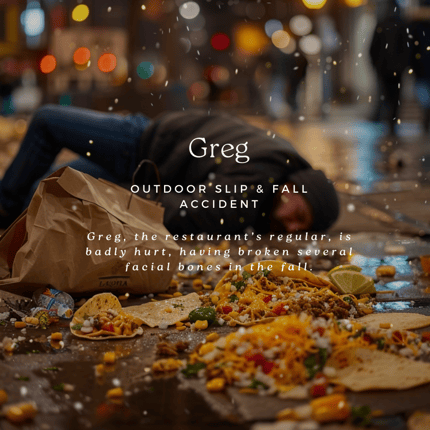 Greg, the restaurant’s regular, is badly hurt, having broken several facial bones in the fall.
