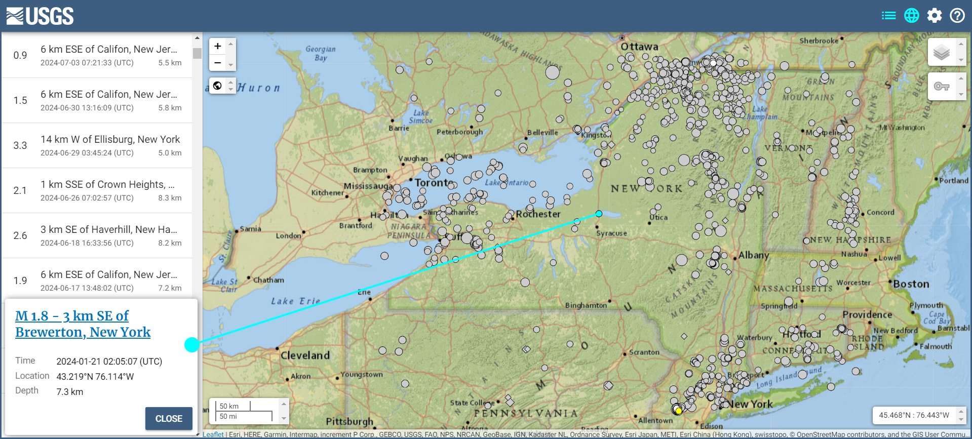 Latest earthquakes in Central New York from USGS