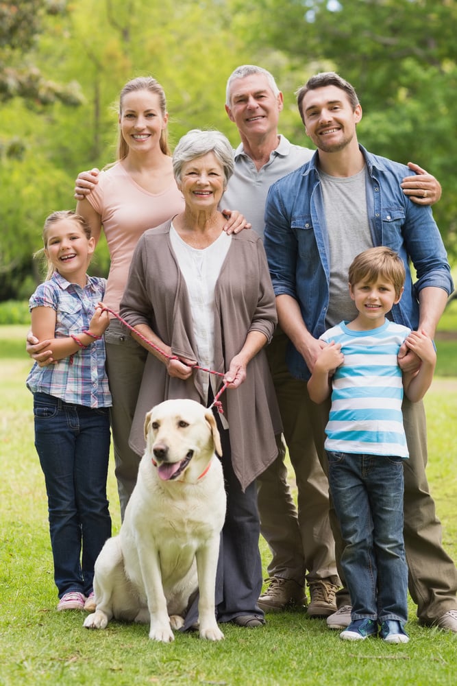 Portrait of an extended family with their pet dog standing at the park